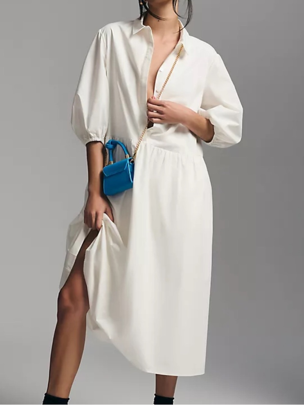 Mare mare x Anthropologie white collared puff sleeve midi dress size L